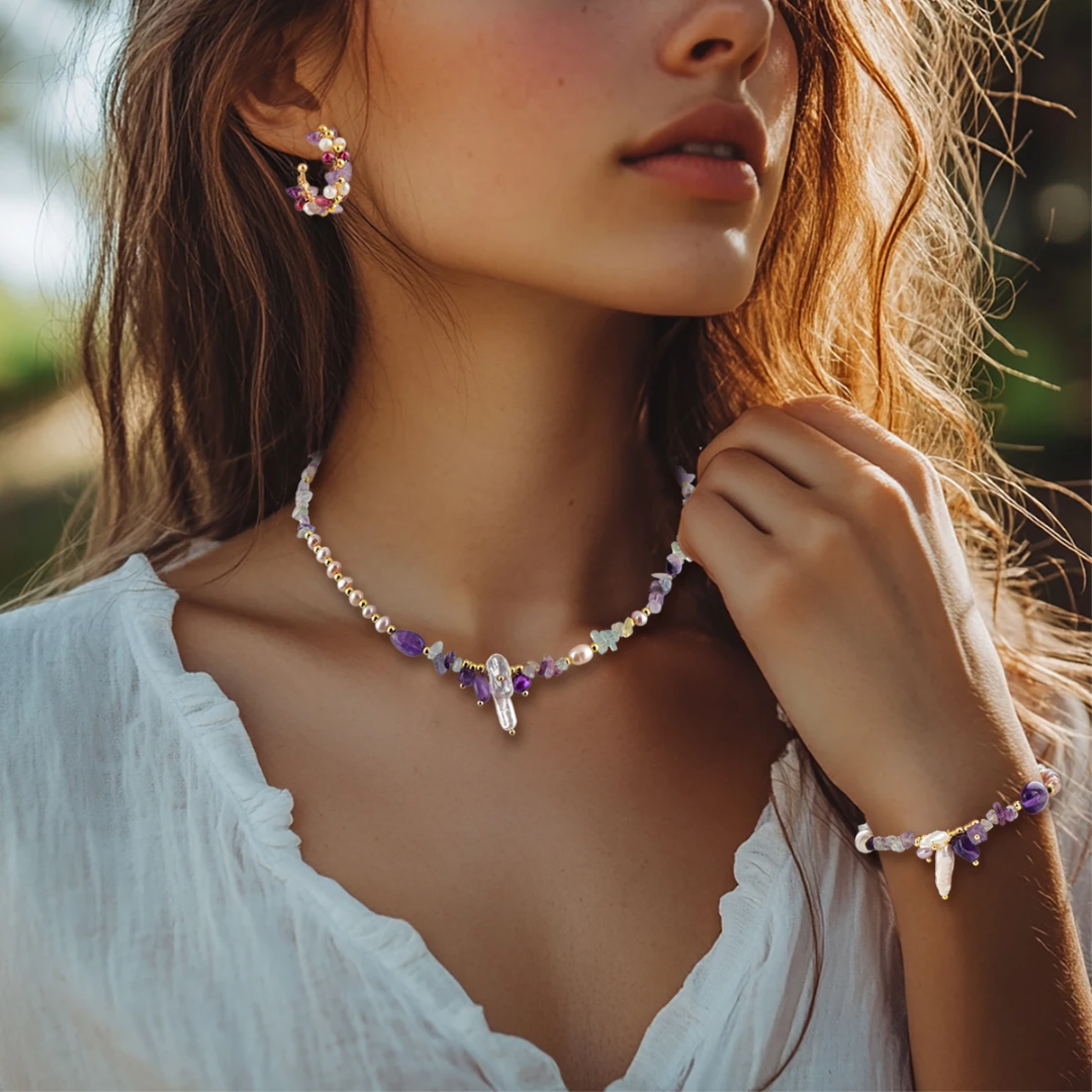 Gargantilla Fluorita Arcoiris y perlas